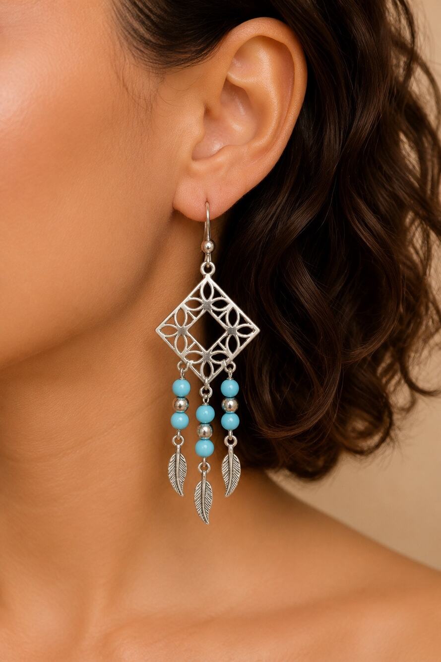 Silver Turquoise Beaded Filigree Leaf Chandelier Dangle Earrings Boho Western